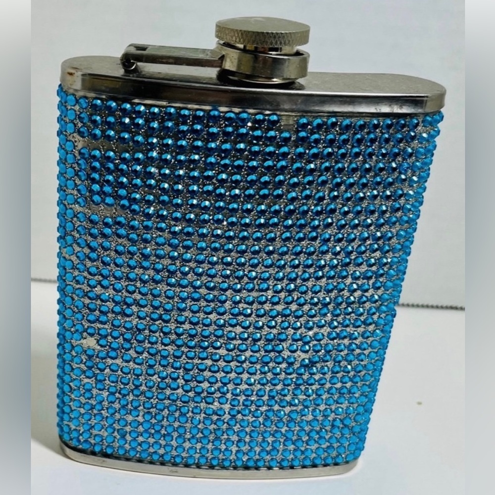 VINTAGE STAINLESS STEEL PERSONAL RHINESTONES FLASK (6 OZ) - BLUE BLING BLING
